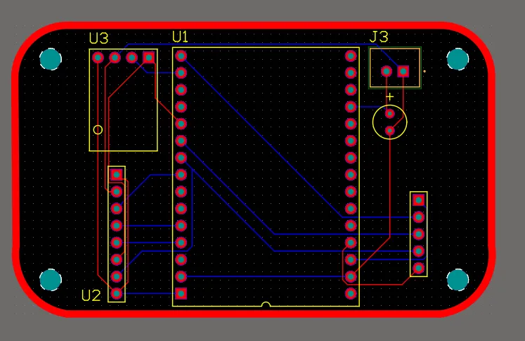 Altium PCB layout of the anemometer control board, two-layer, with traces in red and blue.