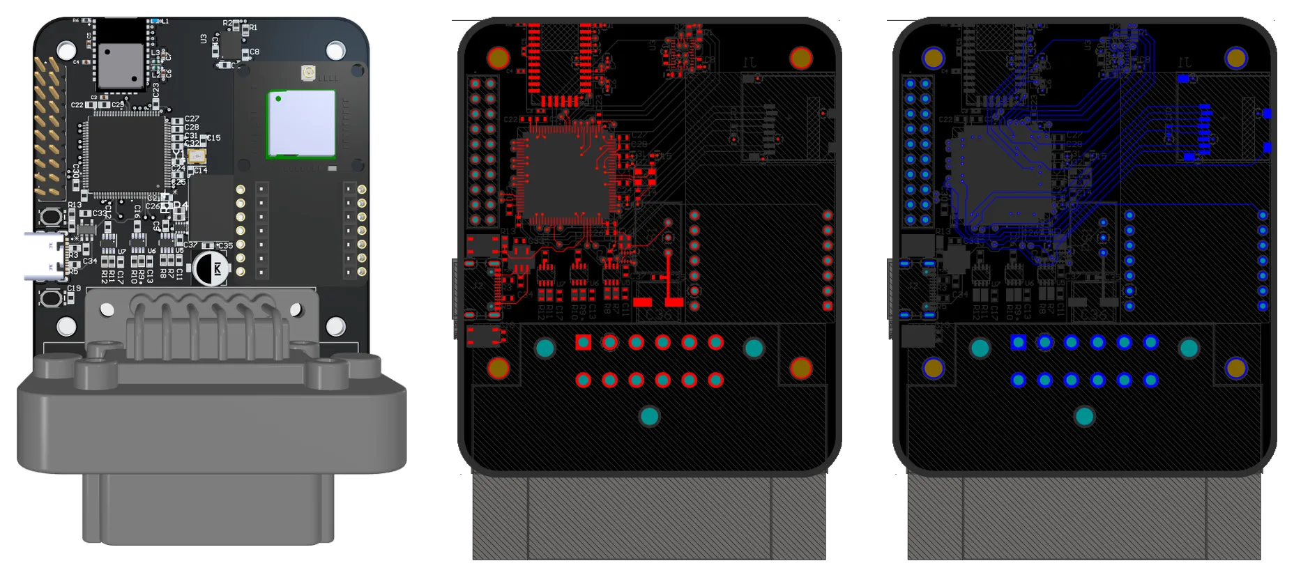Three Altium views of the DAQ board side by side — 3D render, top copper routed in red, and bottom copper routed in blue.