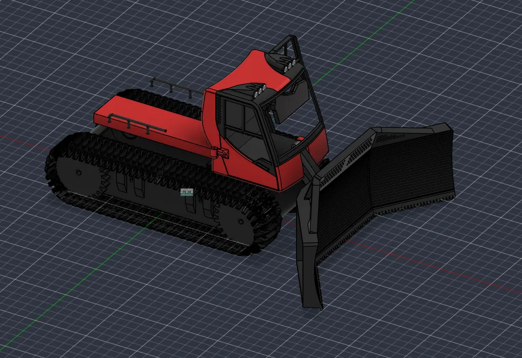 Fusion 360 render of the snowcat body modelled on a Pisten Bully 600 — a red cab and hood on a black tracked chassis with a front blade.