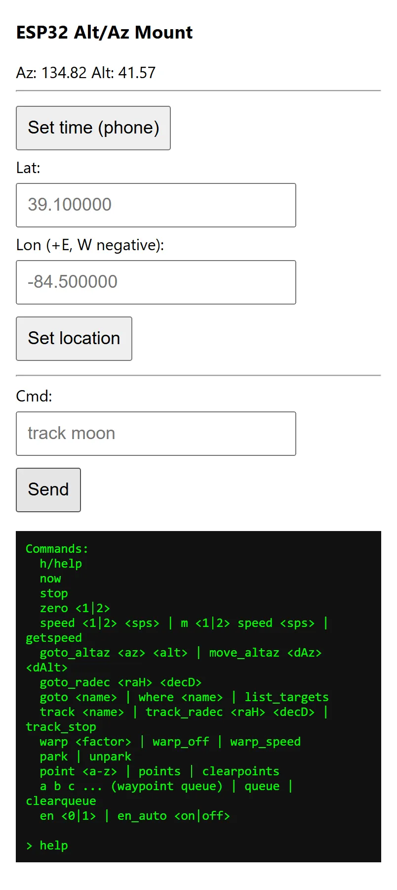 The mount's web interface served by the ESP32 — a live Az/Alt readout, time-sync and location fields, and a command console listing the goto, track, park and waypoint-queue commands.
